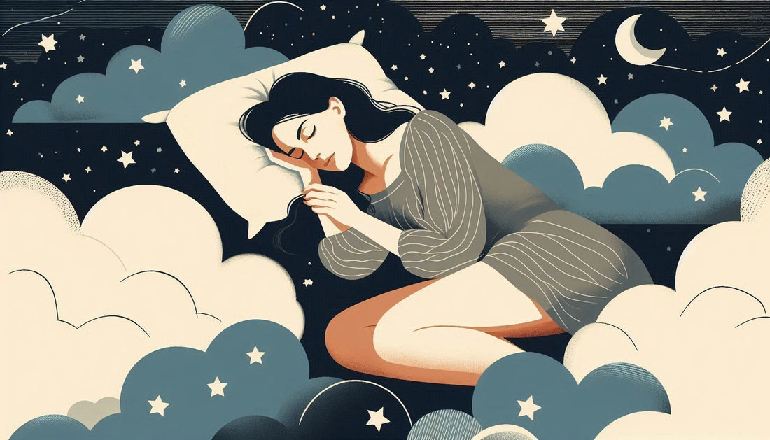 Illustration of a woman sleeping peacefully among stars and clouds, representing the connection between prebiotics, gut health, and restful sleep